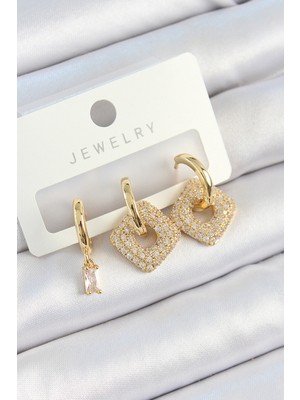 Pirinç Zirkon Taşlı Kare Model Gold Renk 3'lü Çift Kadın Küpe Set EB-53-VICE/(1395) 0407