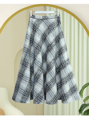 Ekose Desenli Yanı Fermuarlı  Kaşe Çan Etek   -Krem