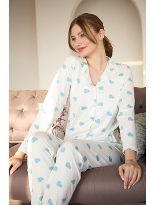 FullaModa Kalp Desenli Polo Yaka Düğmeli Pijama Takımı