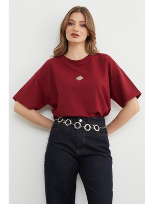 FullaModa Lotus Çiçeği Kabartmalı Oversize Tişört