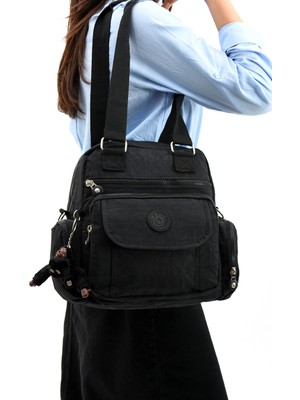 Duomino Siyah Krinkıl Suya Dayanıklı Klinkır Çok Cepli Çapraz Çanta / Omuz Çantası / Postacı Çanta