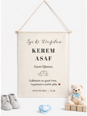 Kişiye Özel Erkek Çocuk Doğum Günü Duvar Flaması | 50X55CM | Ipli ve Bambu Çubuklu