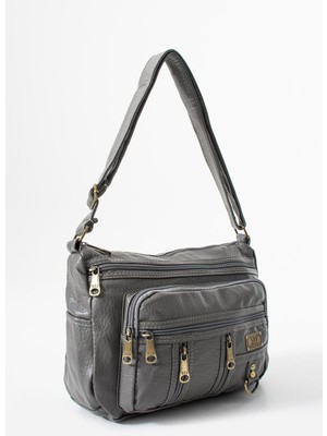 Duomino Gri Yıkama Deri Çok Cepli Çapraz Çanta / Omuz Çantası / Postacı Çanta