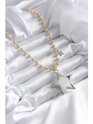 Pirinç Gold Renk Topçuk Zincir Gümüş 3D Yıldız Model Yıldız Detay Vip Kadın Kolye EB-53-VICE/(1395) 2283