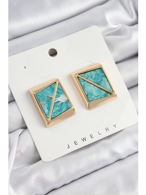 Pirinç Turkuaz Üçgen Kesim Detaylı Kare Model Vintage Gold Renk Kadın Küpe EB-53-VICE/(1395) 0474