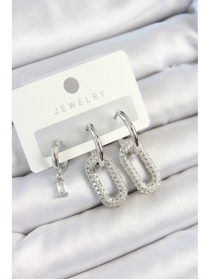 Pirinç Zirkon Taşlı Dikdörtgen Model Gümüş Renk 3'lü Çift Kadın Küpe Set EB-53-VICE/(1395) 0384