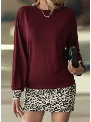 Mç Plus Kadın Uzun Kollu Bisiklet Yaka Üst Viskon Iki Iplik Alt Leopar Desenli Mini Elbise