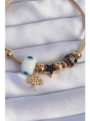 316L Çelik Gold Renk Siyah Zirkon Taşlı Yıldız Tasarımlı Ağaç Detay Nazarlı Charm Bileklik EB-53-VICE/(1395) 2975