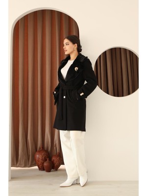 Kadın Kürk ve Düğme Detaylı Ceket Yaka Kuşaklı Kaban 95CM