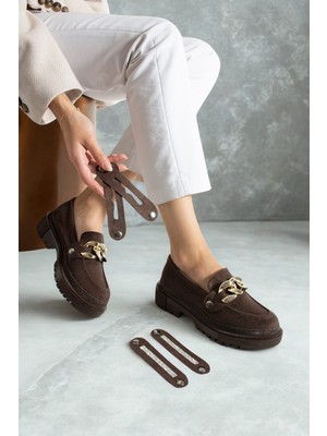 Hepici Loafers Tokası Değişebilen Günlük Kadın Süet Kahverengi Ayakkabı