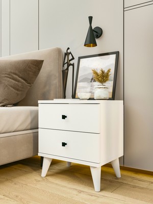 Montenero Komodin Parlak Beyaz 2 Çekmeceli Komodin Yatak Odası