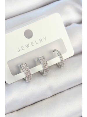 Pirinç Zirkon Taşlı Halka Model Gümüş Renk 3'lü Çift Kadın Küpe Set EB-53-VICE/(1395) 0398