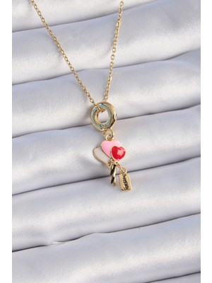 316L Çelik Gold Renk Renkli Kalp Figür Charm Model Kadın Kolye EB-53-VICE/(1395) 3360