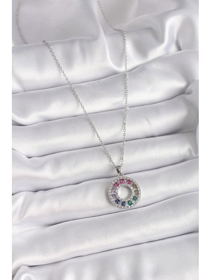 316L Çelik Gümüş Renk Zincir Renkli Zirkon Taşlı Madalyon Model Kadın Kolye EB-53-VICE/(1395) 3564