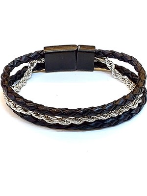 Herşey Nota Siyah Hakiki Deri Gümüş Örgü Detaylı Erkek BILEKLIK-1441