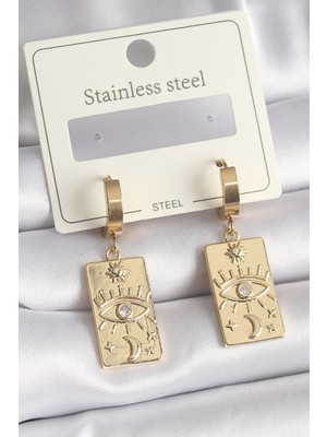 316L Çelik Gold Renk Zirkon Taşlı Göz Işleme Detay Plaka Model Kadın Küpe EB-53-VICE/(1395) 3550