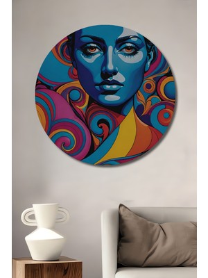 Teona Ahşap Psikedelik Kadın Portresi Yağlı Boya Görünümlü Ahşap Dekoratif Tablo Yuvarlak Duvar Tablosu
