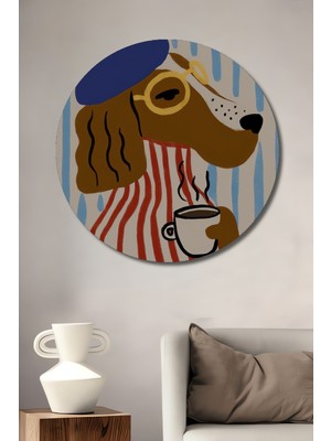 Teona Ahşap Bohem Sanat Köpeği Kahve Keyfi Sulu Boya Görünümlü Ahşap Dekoratif Tablo Yuvarlak Duvar Tablosu