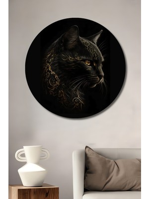 Teona Ahşap Altın Desenli Siyah Kedi Yağlı Boya Görünümlü Dekoratif Ahşap Tablo Yuvarlak Duvar Tablosu