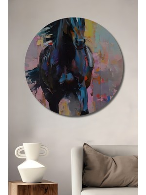 Teona Ahşap Vahşi At Yağlı Boya Görünümlü Modern Sanat Ahşap Dekoratif Tablo Yuvarlak Duvar Tablosu