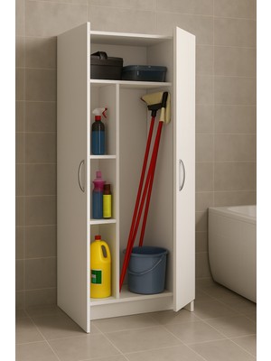 T Designo Belinay Paspas,süpürge-Temizlik Malzeme Dolabı- Çok Amaçlı Dolap Paspas-Vileda Banyo Dolabı Beyaz