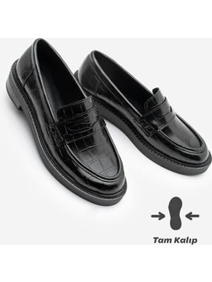 Marjin Kadın Loafer Günlük Klasik Ayakkabı Casual Makosen Fonle Siyah Croco