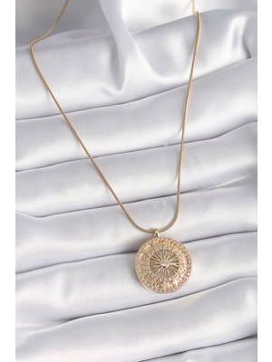 316L Çelik Gold Renk Zirkon Taşlı 12 Burç Madalyon Model Kadın Kolye EB-53-VICE/(1395) 3693