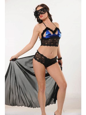 Sistina Sptrns Mavi Siyah Deri ( Lame ) Dantelli Gecelik - 457 - Beden Standart