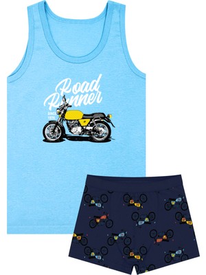 Öts Erkek Çocuk Atlet Boxer Likralı Mavi Motosiklet (%96 Pamuk - %4 Elastan)