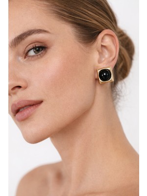 Solare Accessories Siyah Taş Detaylı Altın Kaplama Kare Form Vintage Küpe (Hipoalerjik)