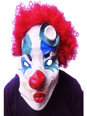 SARVONA Kırmızı Renk Afro Bonus Peruklu Palyaço Lateks Et Maske