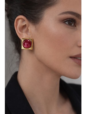 Solare Accessories Bordo Taş Detaylı Altın Kaplama Kare Form Vintage Küpe (Hipoalerjik)