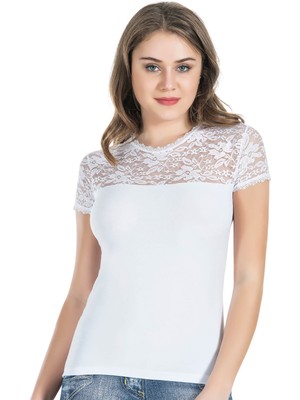 Mirglart Derya Kurşun Yarım Kol Dantelli Kadın Tişört 240