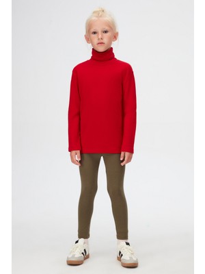 Kırmızı Basic Kışlık Tam Balıkçı Yaka Uzun Kollu Kız Çocuk Tişört