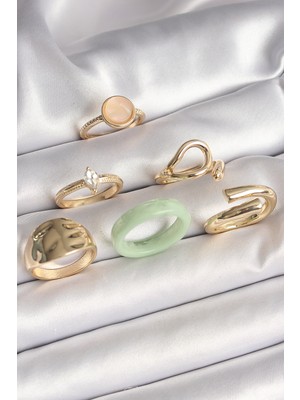 Pirinç Gold Renk Zirkon Taşlı Daire Pembe Mineli Detay 6'lı Kadın Yüzük Seti EB-53-VICE/(1395) 4229