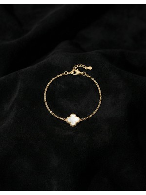 Erdobia 925 Ayar Beyaz Sedef Taşlı Gold Tekli Yonca Gümüş Bileklik