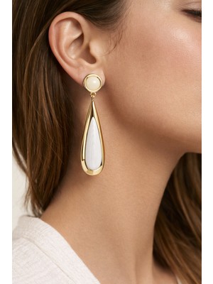 Solare Accessories Beyaz Mineli Altın Kaplama Damla Model Sallantılı Vintage Küpe (Hipoalerjik)