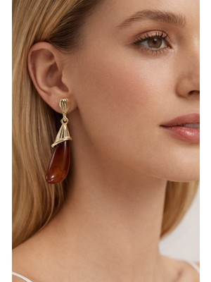 Solare Accessories Kahverengi Reçine Taş Detaylı Altın Kaplama Damla Form Vintage Küpe (Hipoalerjik)