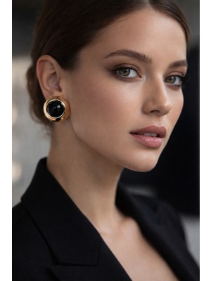 Solare Accessories Siyah Yuvarlak Taş Detaylı Altın Kaplama Vintage Küpe (Hipoalerjik)