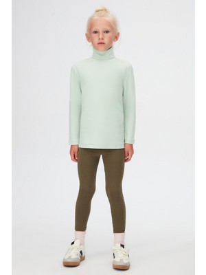 Soft Yeşil Basic Kışlık Tam Balıkçı Yaka Uzun Kollu Kız Çocuk Tişört