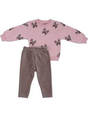 by BebekOdam Kız Bebek Pembe Kahve Fiyonklu Baskılı Kadife Fitillli Taytlı 2'li Takım - 1016179