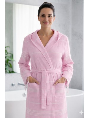 Luna %100 Pamuk Peştemal Bornoz Kapüşonlu Unisex- Pembe