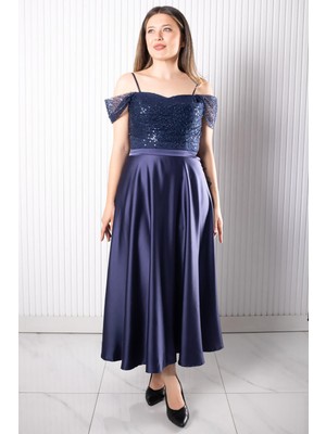 Modaviki Asklı Pul Payetli Saten Abiye Elbise Lacivert MDV386