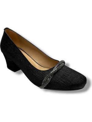 Nur Rose 8649-26 Baskı Deri Çapraz Örgü Taşlı Kalın Topuk Kadın Ayakkabı