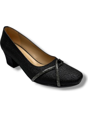 Nur Rose 8631-26 Baskı Deri Taşlı Biyeli Kalın Topuk Kadın Ayakkabı