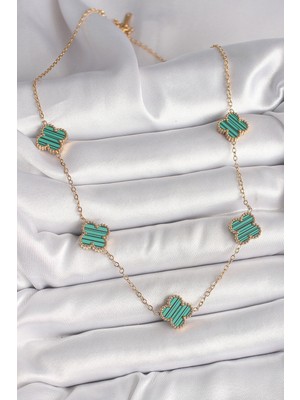 316L Çelik Gold Renk Zincir Yeşil Yonca Model Kadın Kolye EB-53-VICE/(1395) 4411