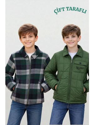 05-16 Yaş Erkek Çocuk Yeşil Renk Çift Taraflı Ekose Mont