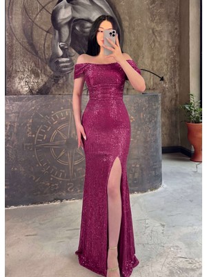 Miss Swans Andrea Arkası Bağlamalı Detaylı Degaje Yaka Uzun Boy Payet Önü Yırtmaçlı Abiye Elbise Fuşya