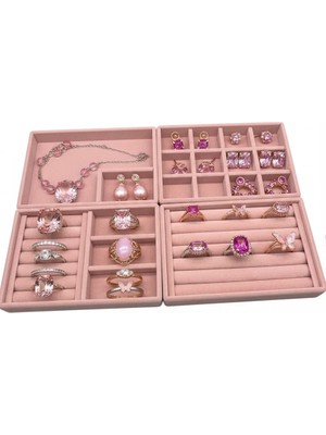 Megass Dekor Kiev Model Süet Kumaş Pembe Renk 22/14 cm 4 Lü Takım Çekmeçe Içi Takı Standı