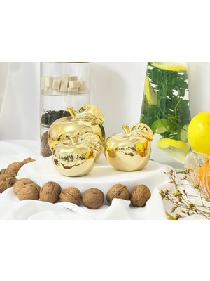 Aden Glass Sevgililer Günü Hediyesi Elma Biblo 3 Lü Gold Dekor Obje 6 cm 8 cm 10 cm